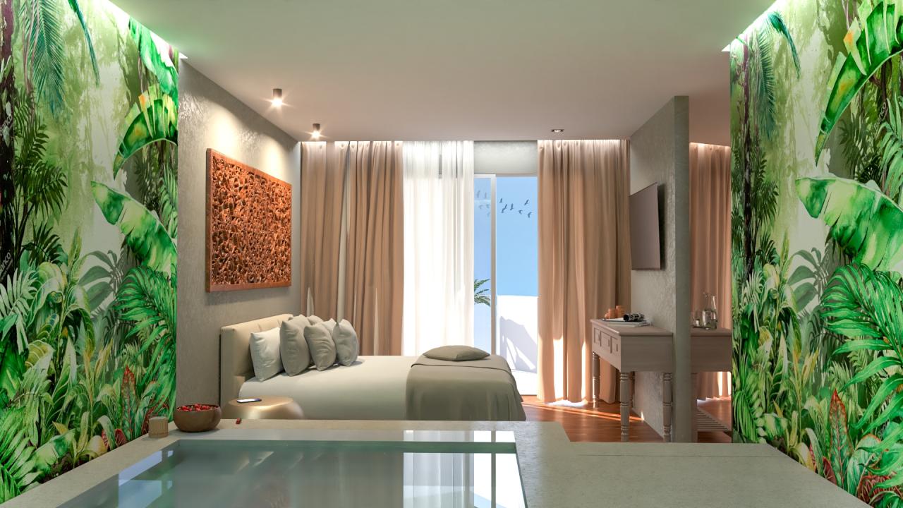 Hotelzimmer mit Doppelbett und Indoorpool