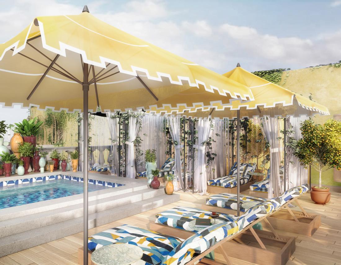 Pool auf Dachterasse mit Liegen und Sonnenschirmen im Hotel W Rom