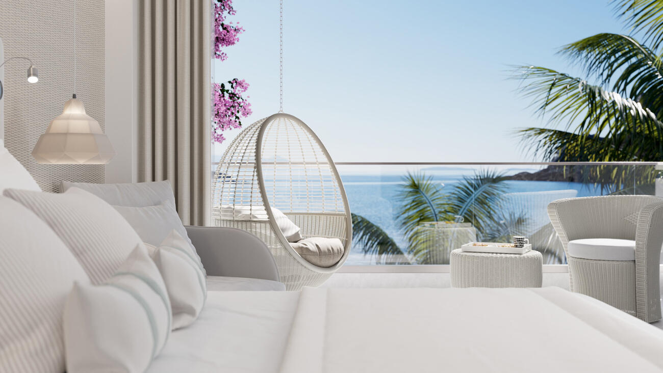 Zimmer Aussicht Pool Bett Ikos Aria Luxus All Inclusive Urlaub auf Kos
