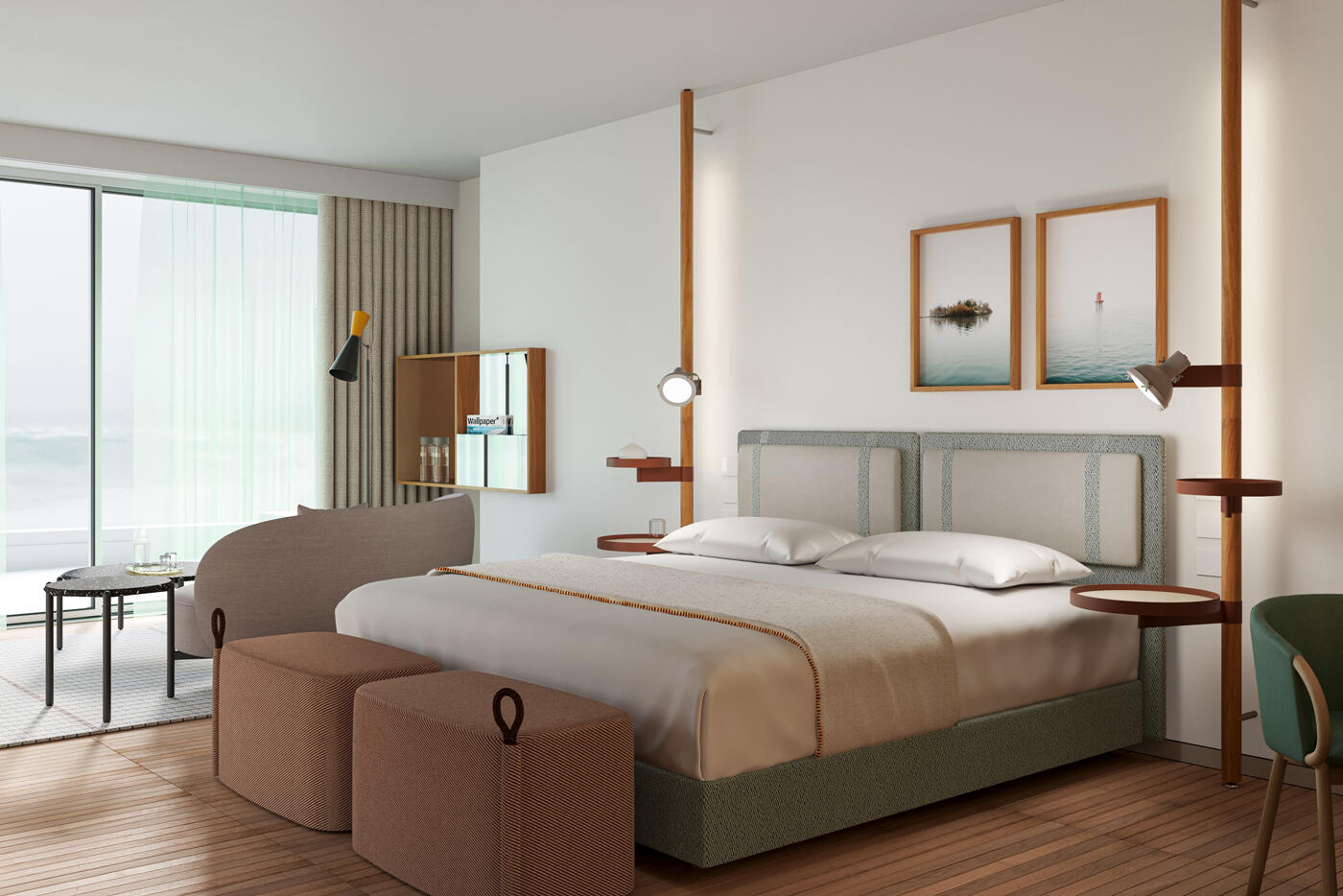 Rendering eines Hotelschlafzimmers mit Doppelbett, Terrasse mit Meerblick und modernen Möbeln im Laguna Faro Suites in Grado