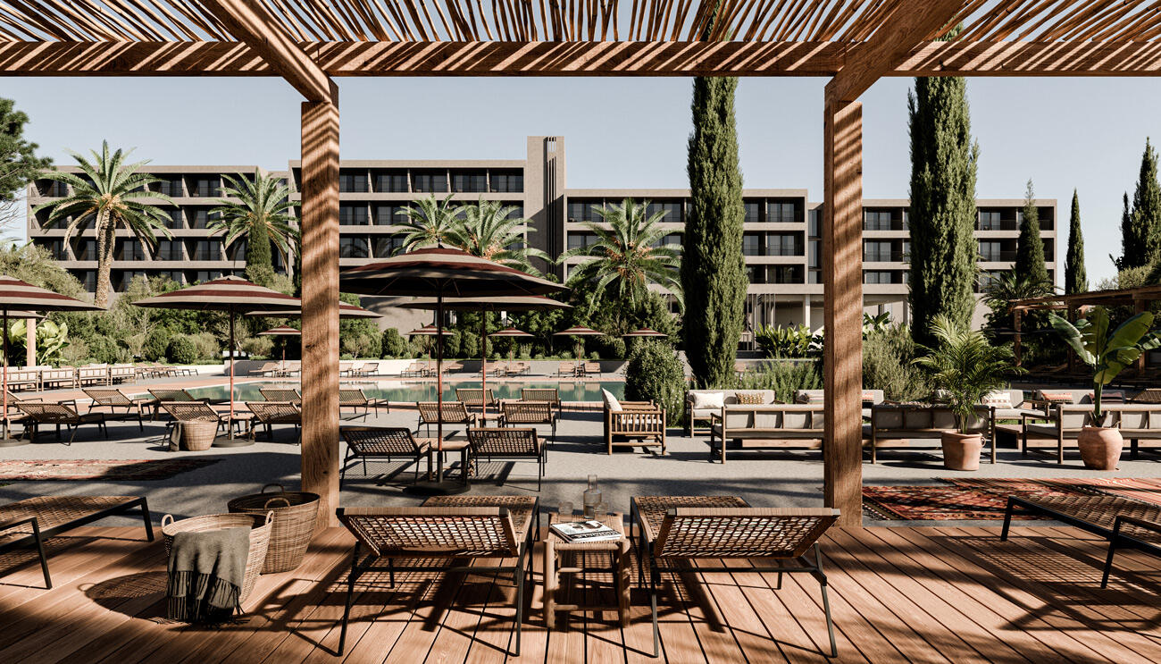 Sonnenterrasse im Cook's Club Corfu mit Terrassenmöbel und Pool und Sonnendach. Dahinter befindet sich der Cook's Club Corfu