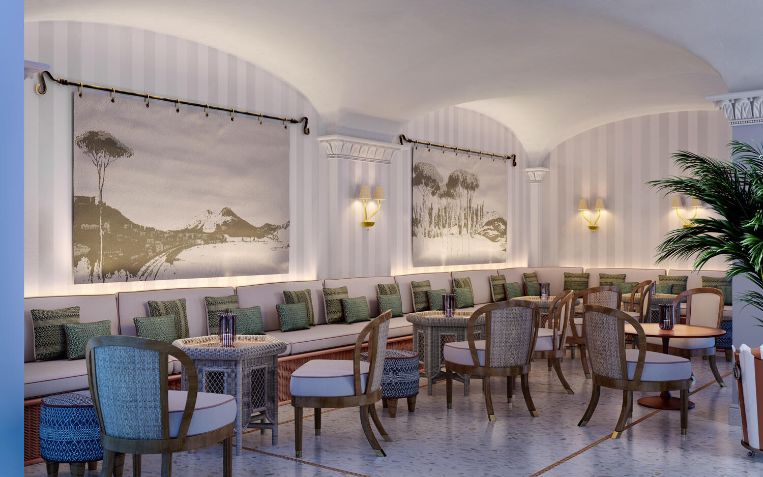 Bar im Hotel La Palma: Großer Raum mit vielen Holzstühlen und kleinen runden Tischen. Die Wände sind weiß .