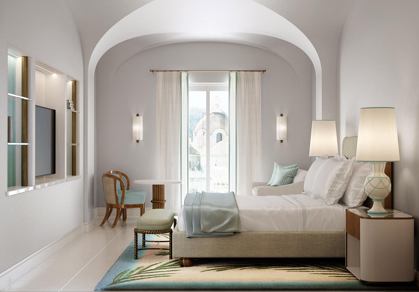 Zimmer im Hotel La Palma mit Doppelbett, hellen schlichten Möbeln und einer Terrassentür