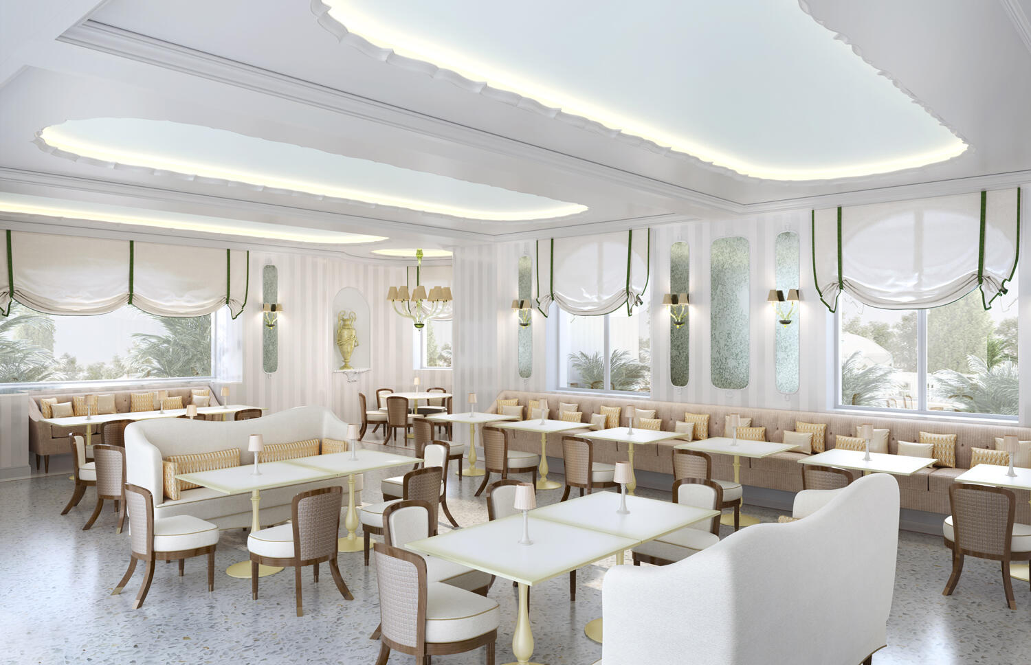Hotel La Palma: Restaurant mit weißen Möbeln und großen Fenstern.