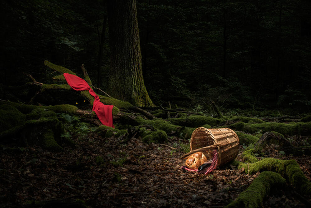 Rotkäppchen: ein umgefallener Korb und ein rotes Tuch, die im dunklen Wald liegen
