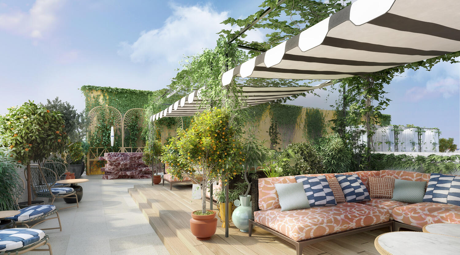 Dachterrasse mit Pflanzen, Sitzbereich und Sonnenschutz im W Rom
